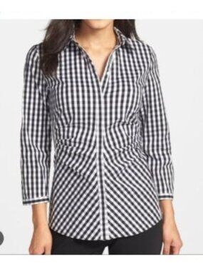 Lafayette 148 New York Womens Gingham Button-Up Shirt Navy size 16 Cotton Blend
